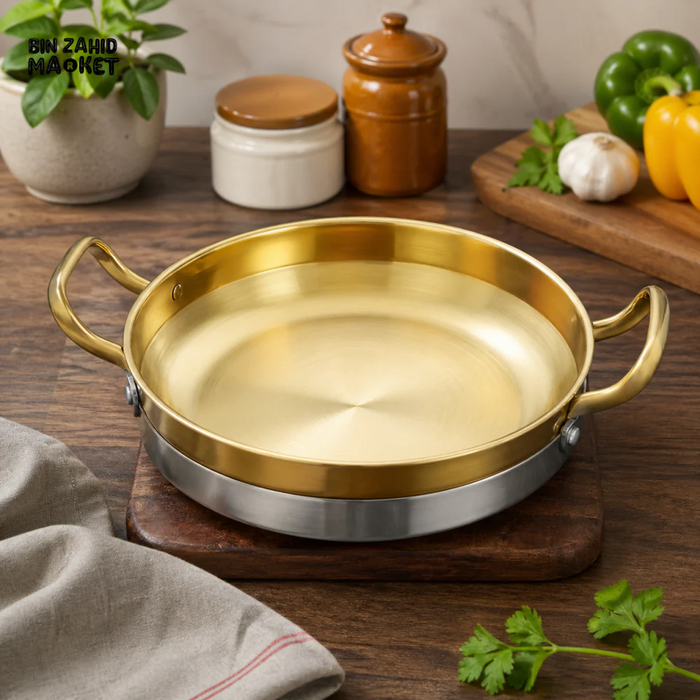 China golden Spanish paella pan premium stainless steel non-stick seafood cooking pan with double handles – Pakistan
