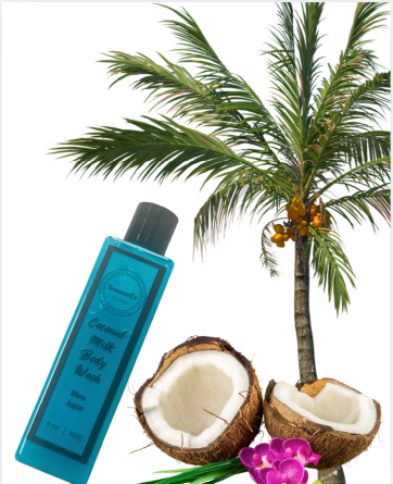 Turquoise colored bottle of body wash with a background of a palm tree and split coconut and pink flower