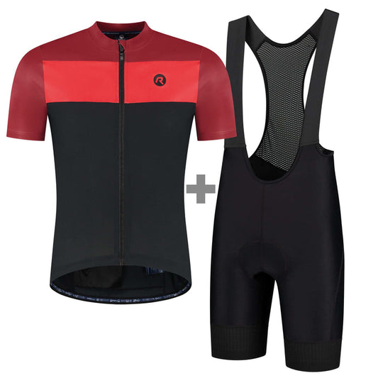 Rogelli fietskleding set voor heren met zwart en rood Core Block fietsshirt korte mouwen en Power korte fietsbroek.