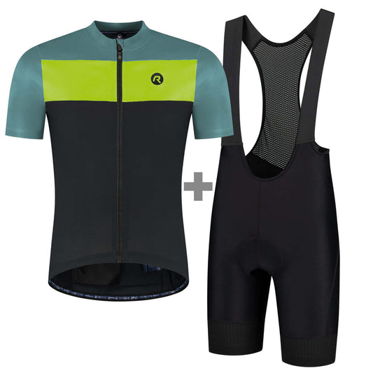 Rogelli fietskleding set voor heren met zwart en geel Core Block fietsshirt korte mouwen en Power korte fietsbroek.