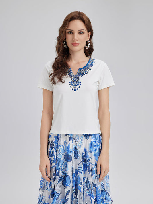 Cotton Printed Hand-Beaded Tee