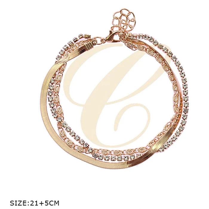 Crystal and Snake Chain Anklet Set - Rose Gold & Silver Tone Foot Jewelry (RAK-0127GS)