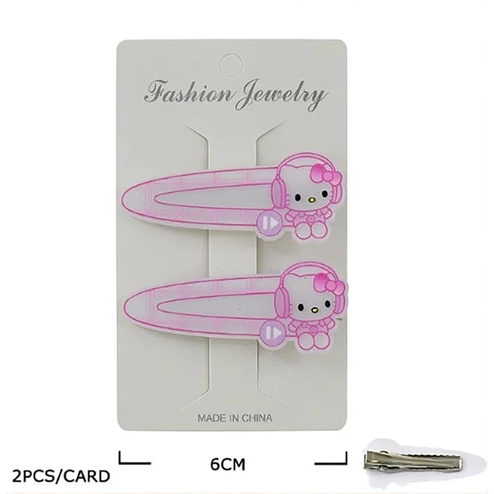 Cute Cartoon Character Hair Clips for Girls - 2-Piece Plaid Snap Barrettes with Headphones Design, Pastel Kawaii Hair Accessories Set (6cm) (TK-1151S)