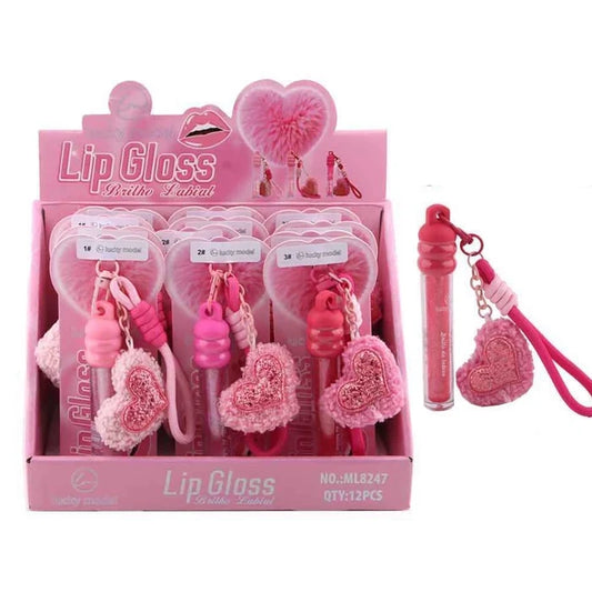Cute Heart Keychain Lip Gloss Set with Fluffy Plush Charm – Hydrating Glitter Lip Oil & Bag Accessory (DNV-3473)
