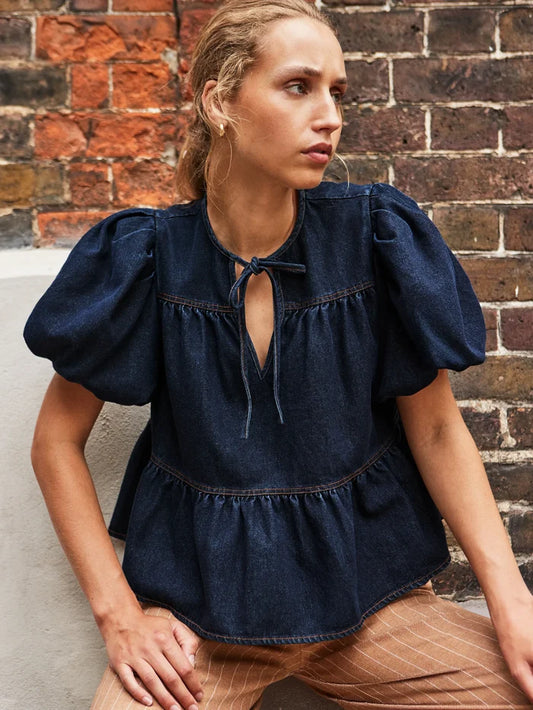 Dark-Blue Puff-Sleeve Denim Top