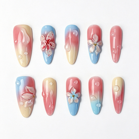 Long Almond Press On Nails, Pink Blue Gradient 3D Floral Water Drop Fake Nail Set