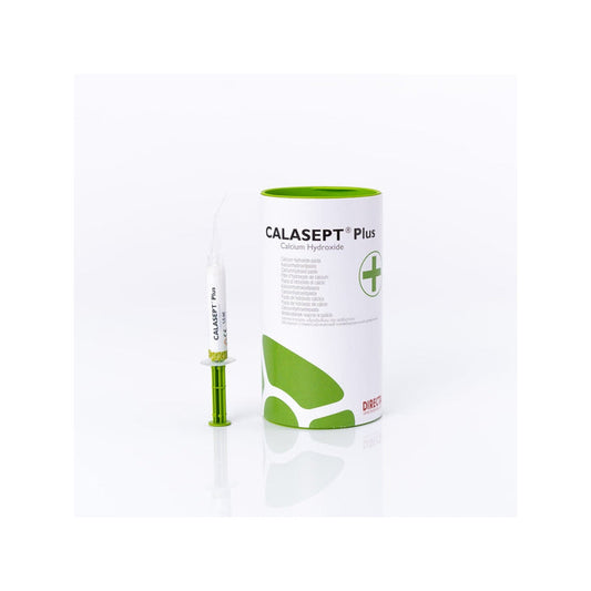 Directa Calasept Plus calcium hydroxide paste syringe and container for endodontic treatment