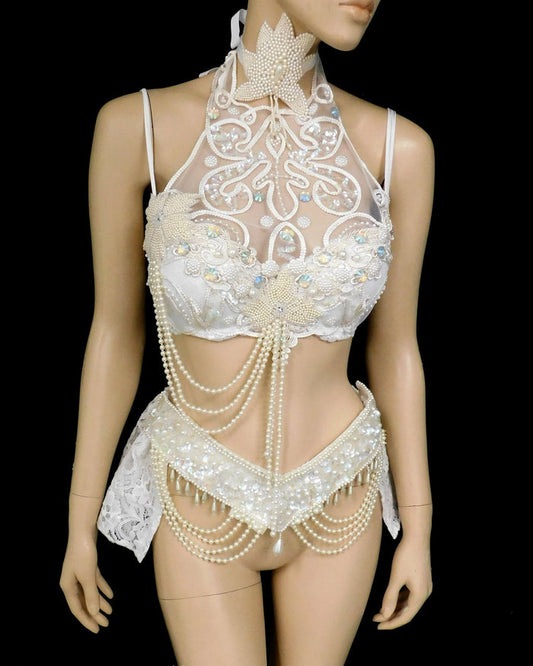 Dripping in Pearls White Lace Bra and Skirt Dance Costume Rave Halloween