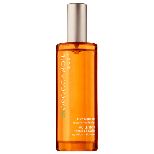 Clear amber bottle with a gold cap containing Dry Body Oil | Moroccanoil for skincare and body care, designed to provide instant nourishment and hydration.