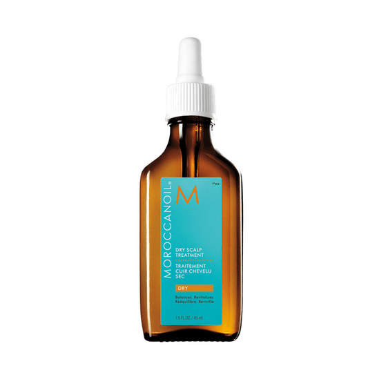 Brown glass dropper bottle of Dry Scalp Treatment | Moroccanoil with a turquoise label and white cap, designed for soothing and revitalizing dry scalp conditions.