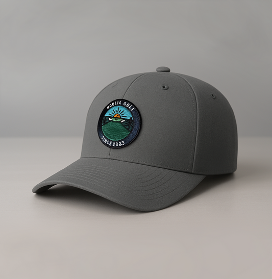 Haze Gray Early Riser Men’s Golf Hat with sunrise patch and Hoolie pin flag