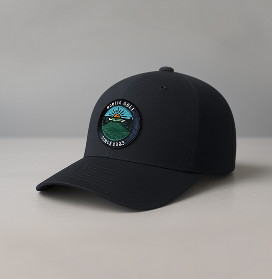 Black Early Riser Men’s Golf Hat with sunrise patch and Hoolie pin flag