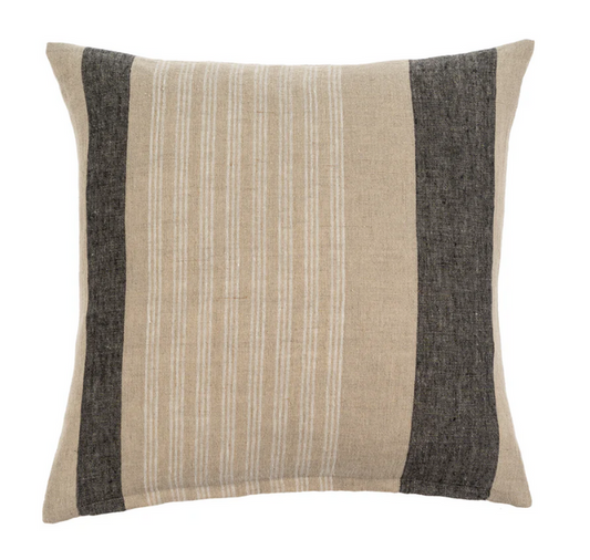 A Square shaped beige linen cushion with thick black stripes and thin white stripes.