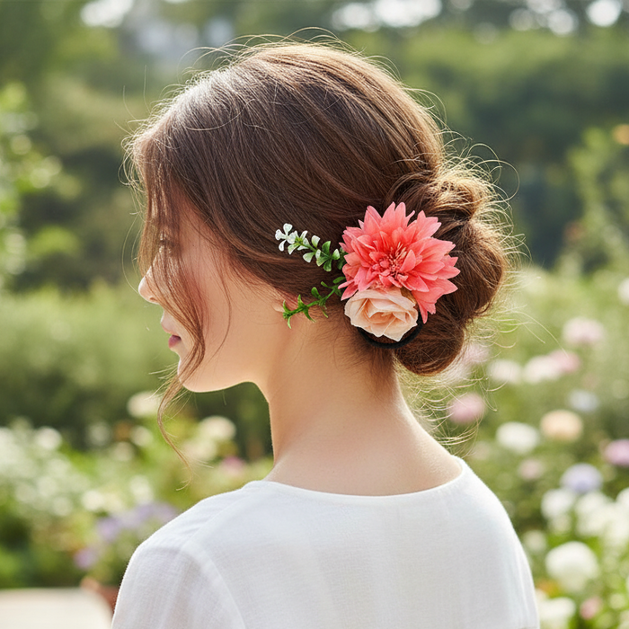 Elegant Floral Hair Elastics with Pin Back – 7.5cm Realistic Fabric Flower Corsage for Women & Girls, Wedding & Festival Hair Accessories (HCF-1068M)