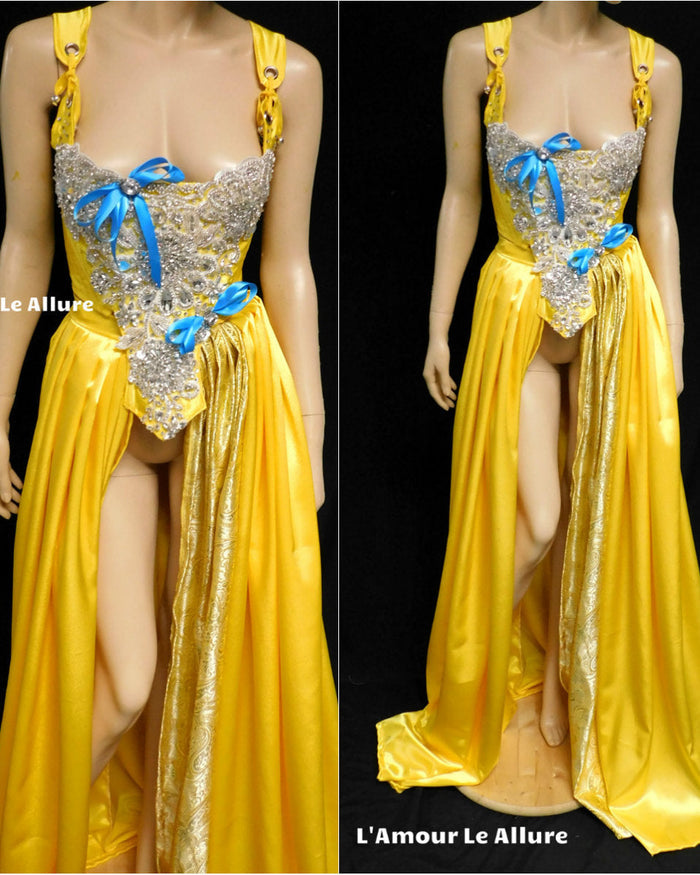 Enchanted Rose Princess Yellow Rhinestone Medieval Renaissance Ball Gown Dress Skirt with Corset and Blue Bows