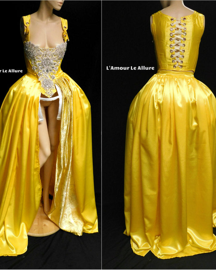 Enchanted Rose Princess Yellow Rhinestone Medieval Renaissance Ball Gown Dress Skirt with Corset and Bone Skirt