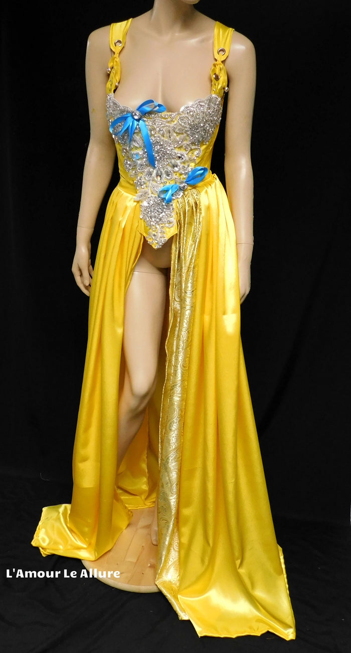 Enchanted Rose Princess Yellow Rhinestone Medieval Renaissance Ball Gown Dress Skirt with Corset and Blue Bows