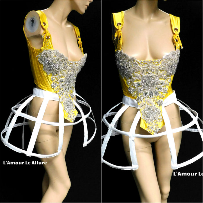 Enchanted Rose Princess Yellow Rhinestone Medieval Renaissance Ball Gown Dress Skirt with Corset and Bone Skirt