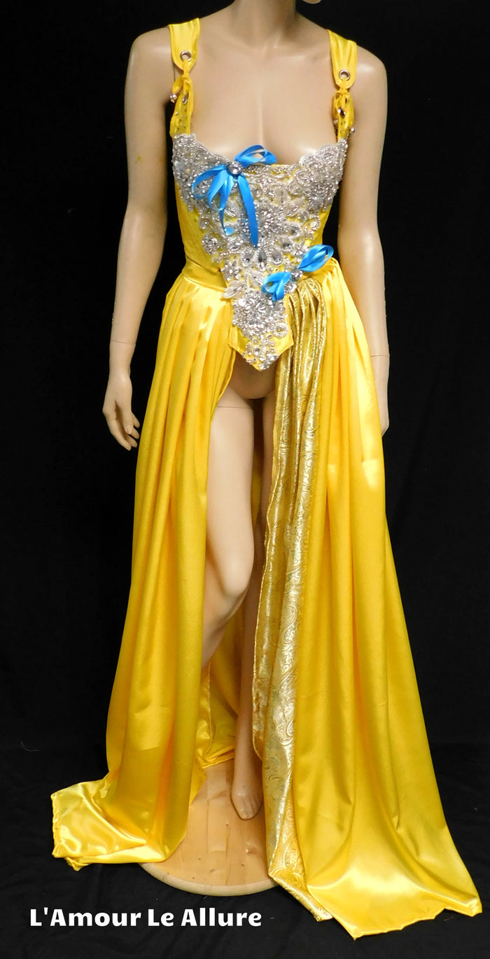 Enchanted Rose Princess Yellow Rhinestone Medieval Renaissance Ball Gown Dress Skirt with Corset and Blue Bows