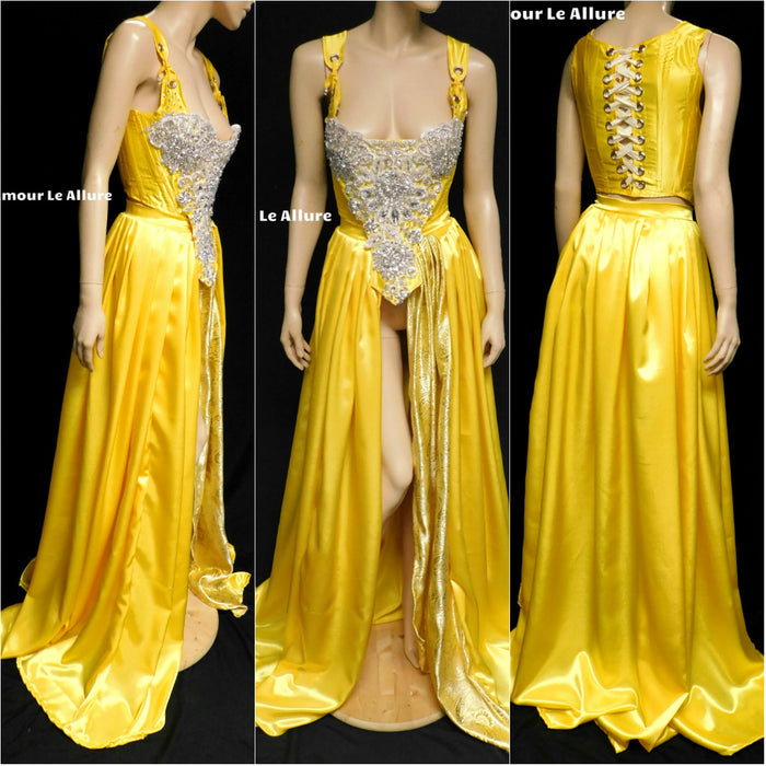 Enchanted Rose Princess Yellow Rhinestone Medieval Renaissance Ball Gown Dress Skirt with Corset and Bone Skirt