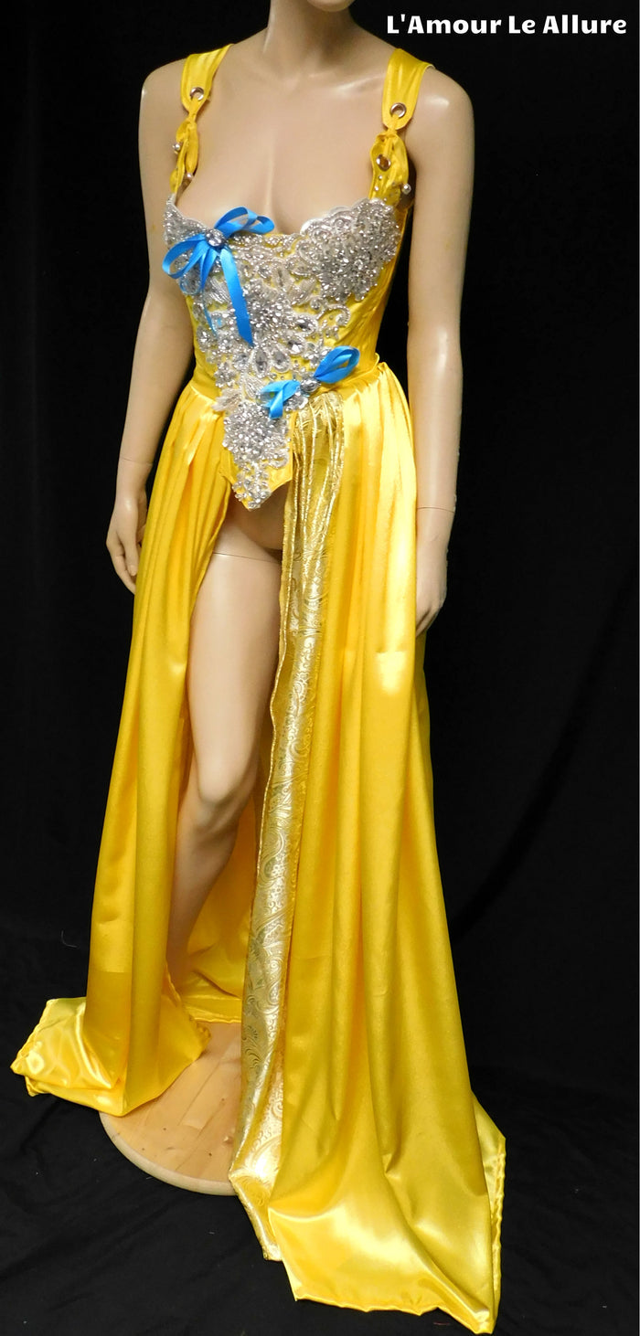 Enchanted Rose Princess Yellow Rhinestone Medieval Renaissance Ball Gown Dress Skirt with Corset and Blue Bows