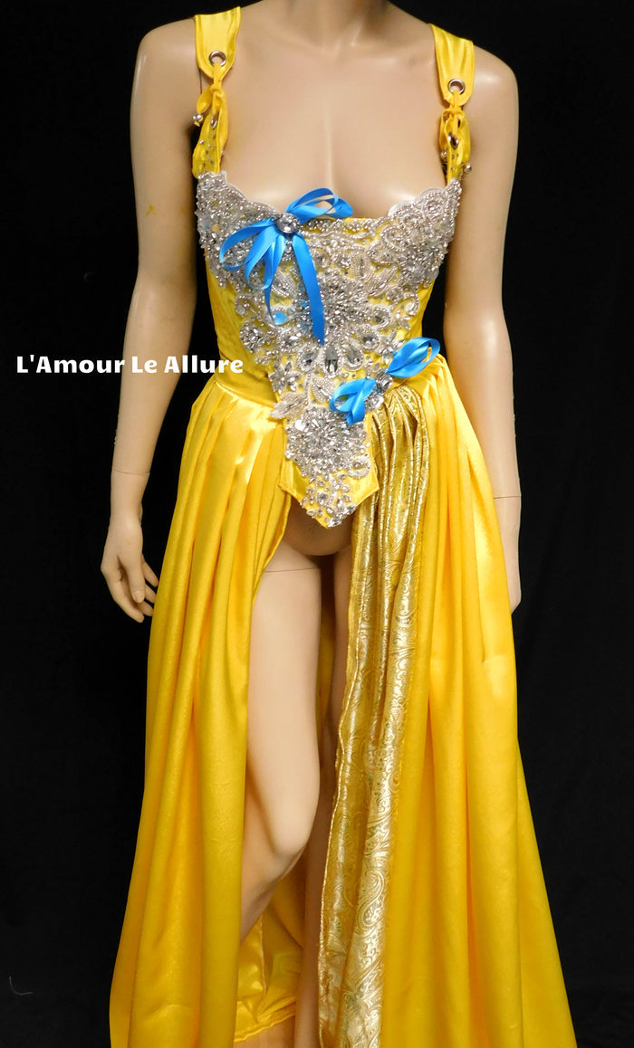 Enchanted Rose Princess Yellow Rhinestone Medieval Renaissance Ball Gown Dress Skirt with Corset and Blue Bows