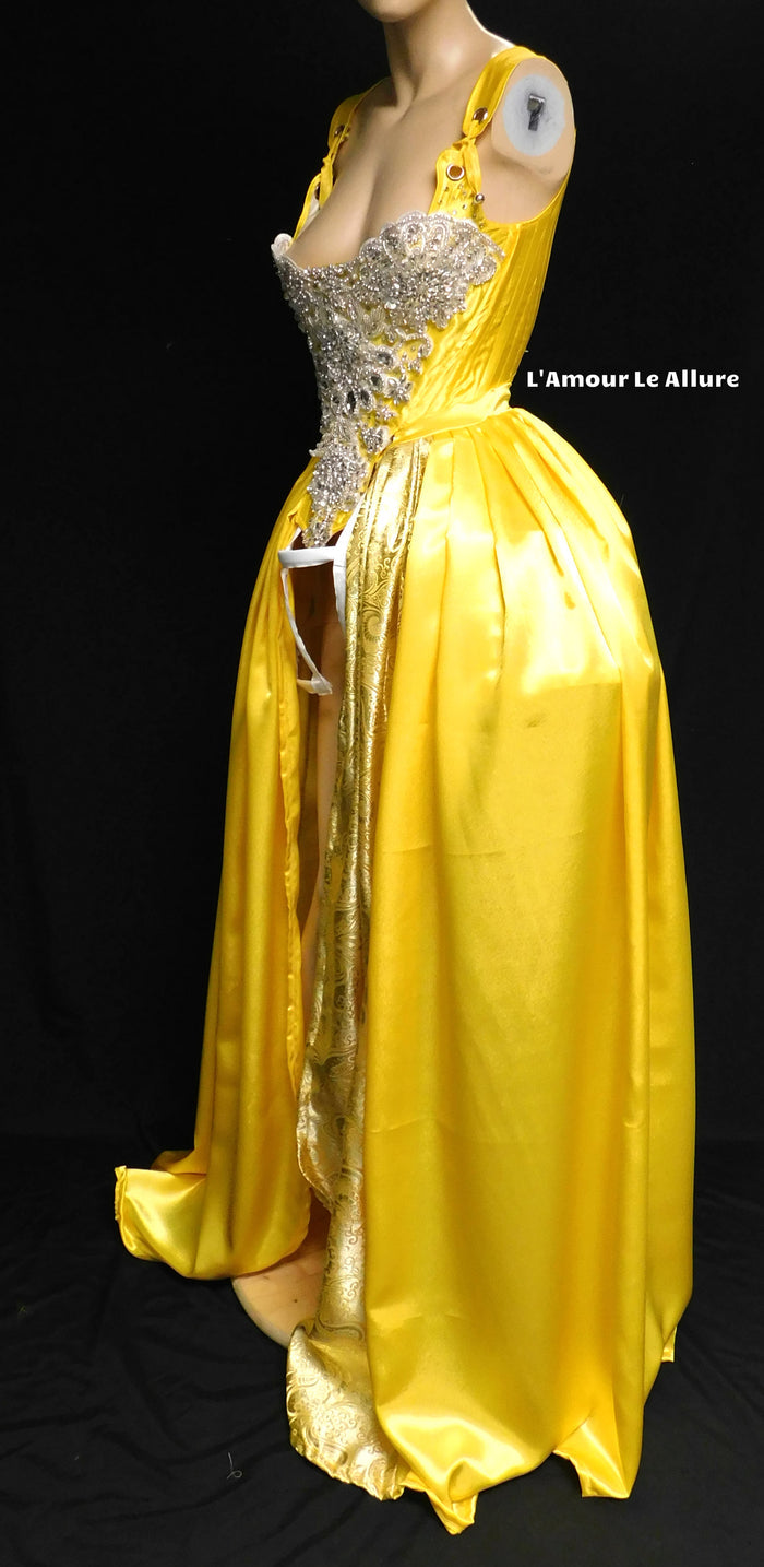 Enchanted Rose Princess Yellow Rhinestone Medieval Renaissance Ball Gown Dress Skirt with Corset and Bone Skirt