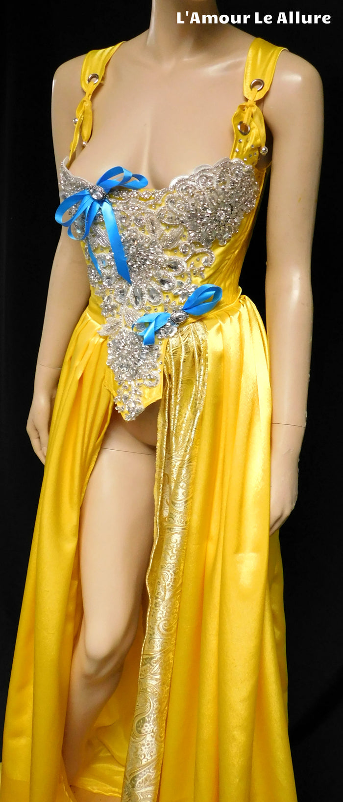 Enchanted Rose Princess Yellow Rhinestone Medieval Renaissance Ball Gown Dress Skirt with Corset and Blue Bows
