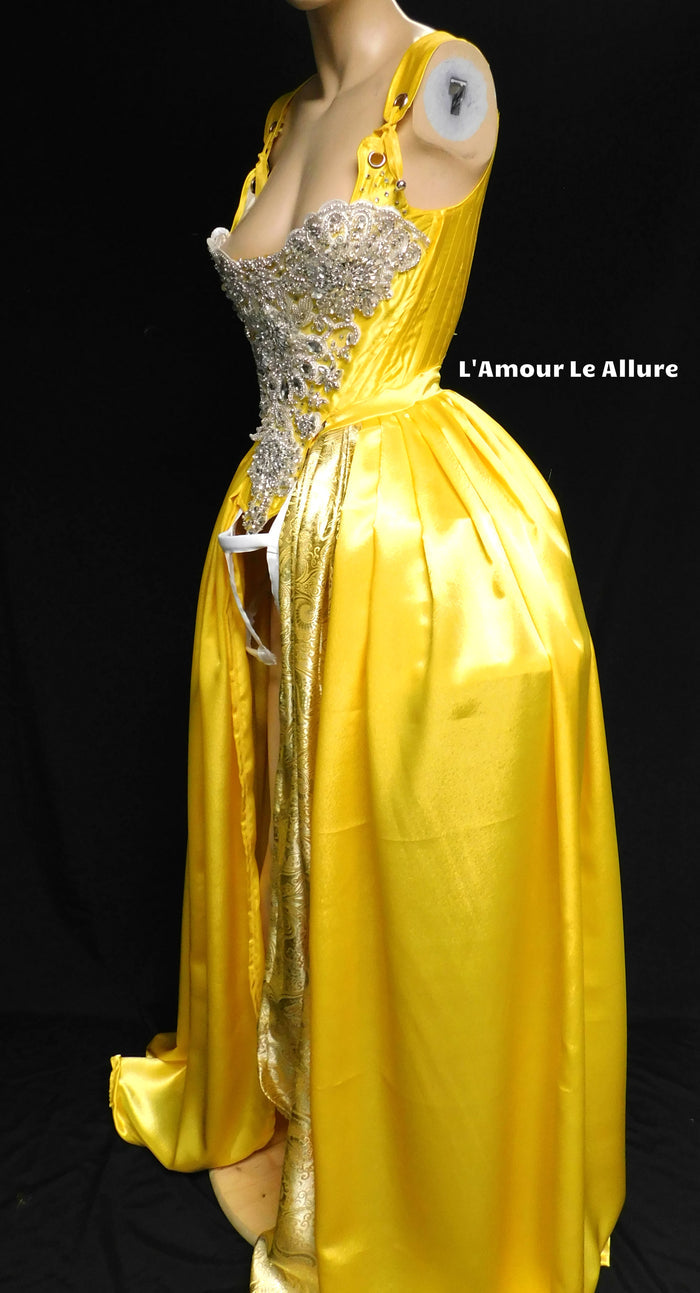 Enchanted Rose Princess Yellow Rhinestone Medieval Renaissance Ball Gown Dress Skirt with Corset and Bone Skirt