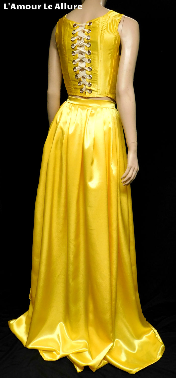 Enchanted Rose Princess Yellow Rhinestone Medieval Renaissance Ball Gown Dress Skirt with Corset and Blue Bows