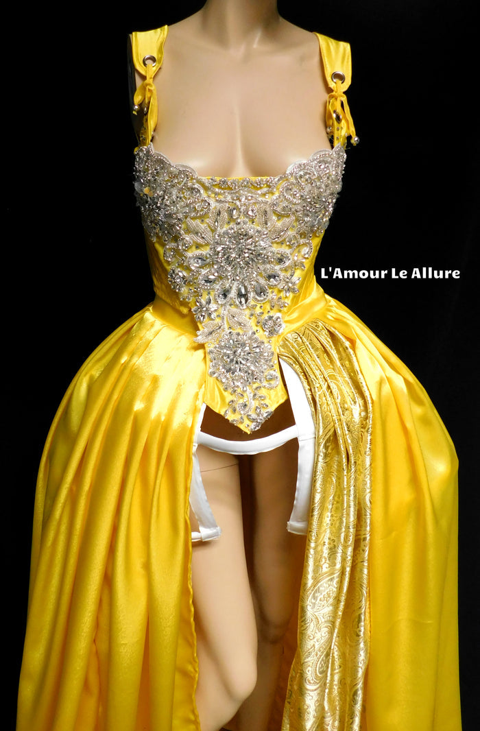 Enchanted Rose Princess Yellow Rhinestone Medieval Renaissance Ball Gown Dress Skirt with Corset and Bone Skirt