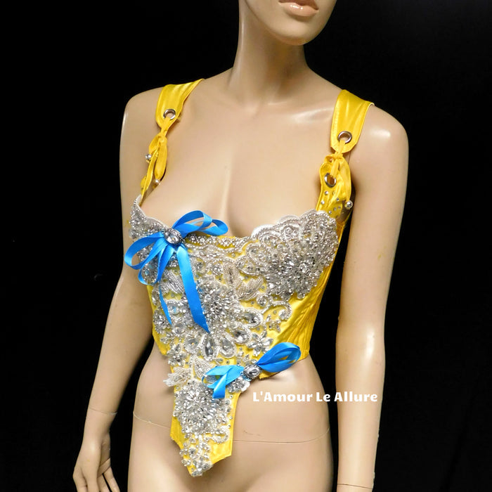 Enchanted Rose Princess Yellow Rhinestone Medieval Renaissance Ball Gown Dress Skirt with Corset and Blue Bows