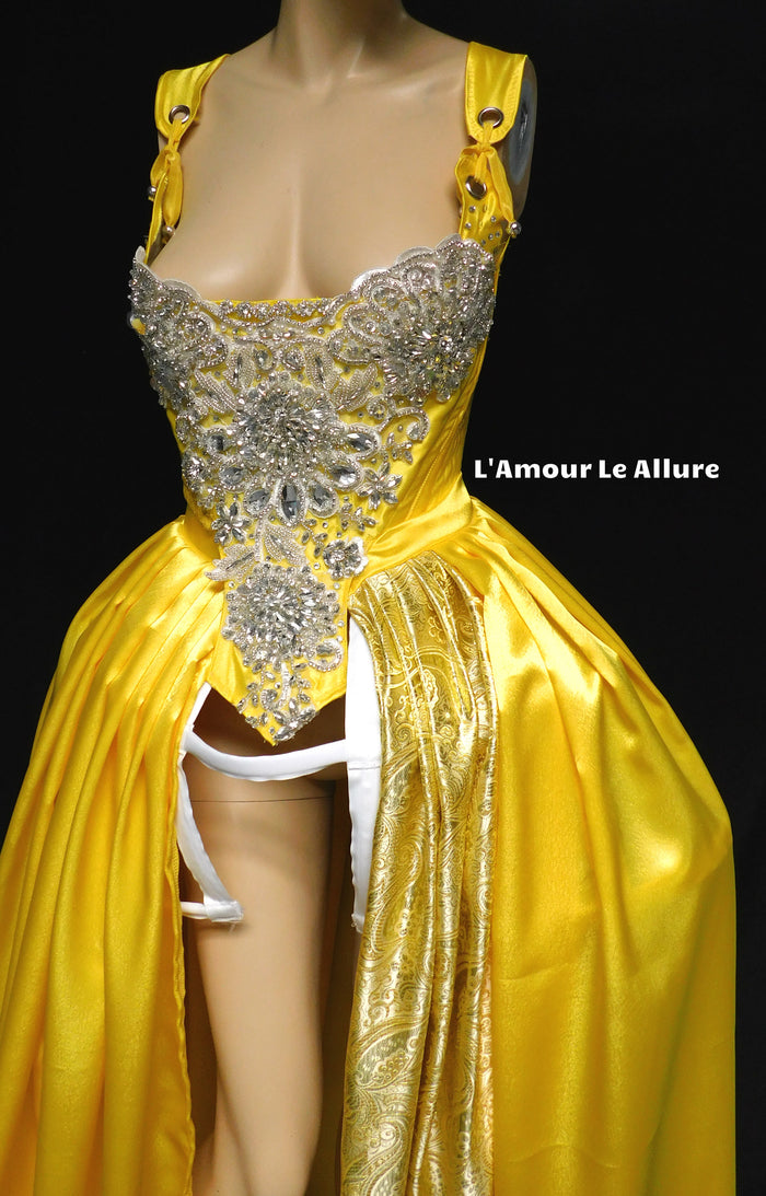 Enchanted Rose Princess Yellow Rhinestone Medieval Renaissance Ball Gown Dress Skirt with Corset and Bone Skirt