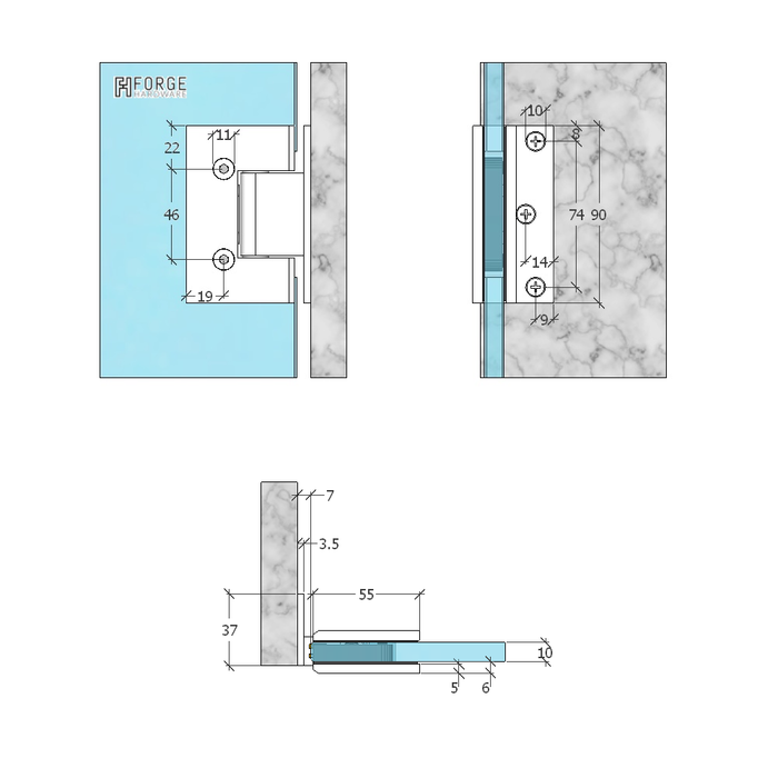 FORGE BLACK SHOWER HINGE GLASS TO WALL L-SHAPE 90 Degrees 10mm Glass - BRUSHED BRONZE - Image 2
