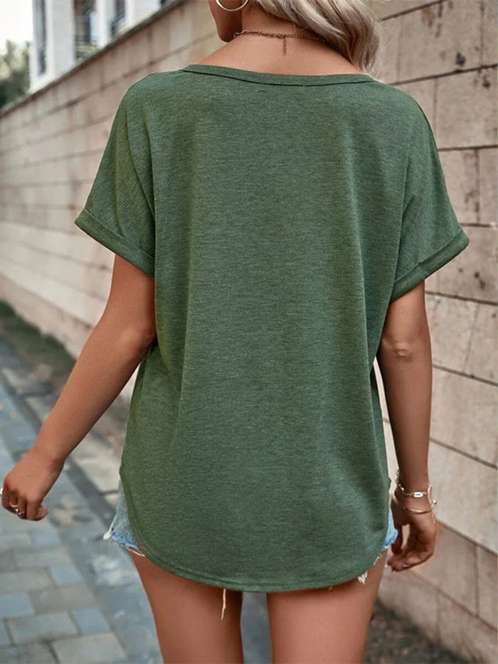 Plus size full size decor button short sleeve t-shirt with slight stretch and buttoned front detail