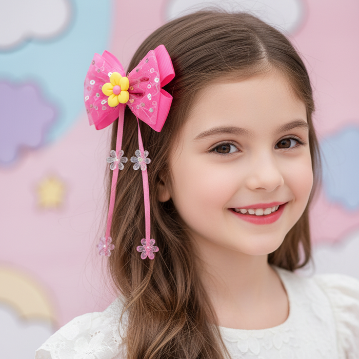Girls Floral Hair Bow and Clip Set – Cute Tassel Ribbon Hair Barrettes, Kids Flower Hair Accessories with Side Clips, 4-Color Assortment (TK-1142S)