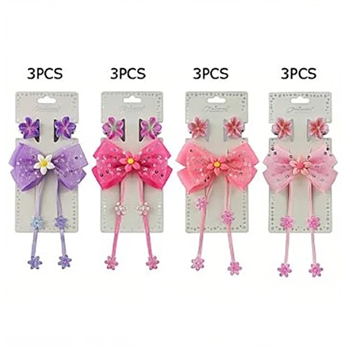 Girls Floral Hair Bow and Clip Set – Cute Tassel Ribbon Hair Barrettes, Kids Flower Hair Accessories with Side Clips, 4-Color Assortment (TK-1142S)
