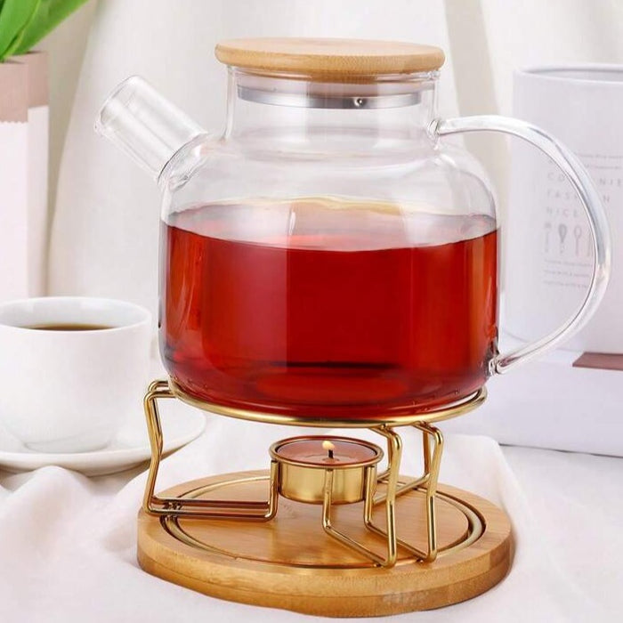 Gold Colour Food Warmer Burner Stand With Bamboo Base & Free Candle