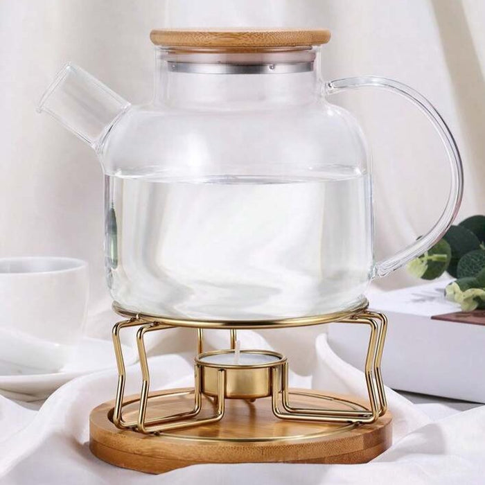 Gold Colour Food Warmer Burner Stand With Bamboo Base & Free Candle