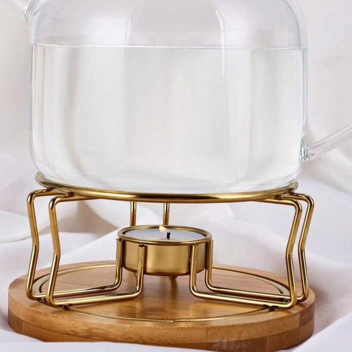 Gold Colour Food Warmer Burner Stand With Bamboo Base & Free Candle
