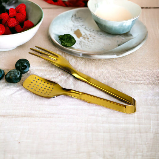 Gold Spork Steel Food Serving Tong