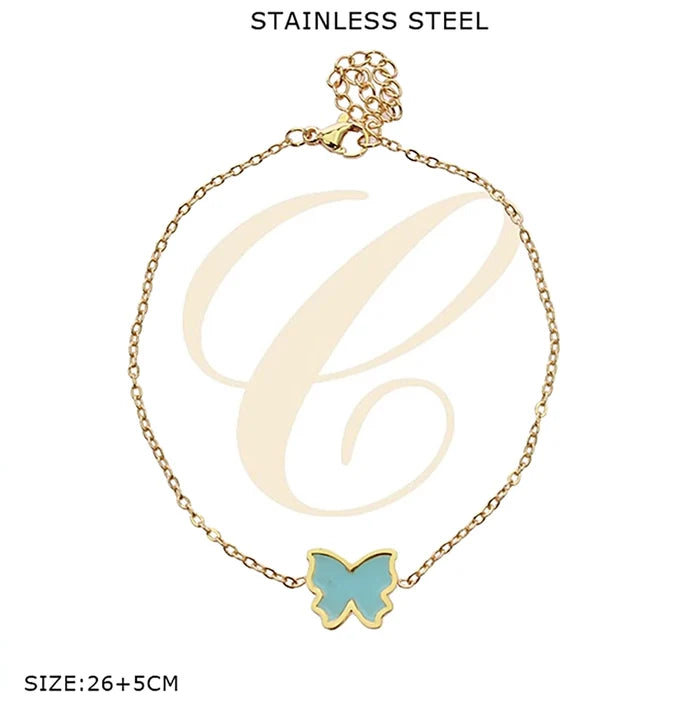 Gold Stainless Steel Butterfly Anklet - Colorful Enamel Butterfly Charm Ankle Bracelet for Women (SAK-0142GS)