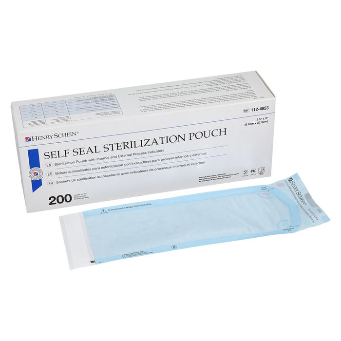 Henry Schein Self-Sealing Sterilization Pouches, Latex-Free, Built in Color Change Guide 3.5 in x 9 in 200/Bx