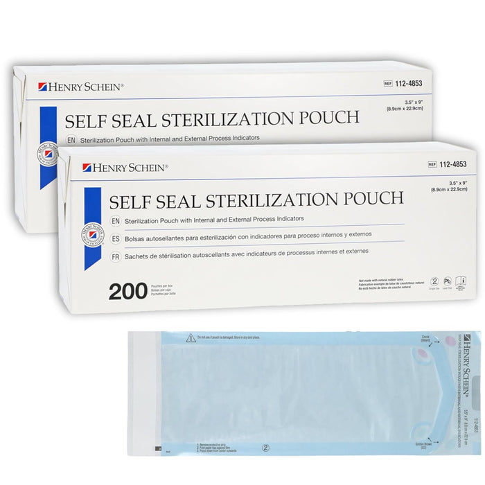 Henry Schein Self-Sealing Sterilization Pouches, Latex-Free, Built in Color Change Guide 3.5 in x 9 in 200/Bx