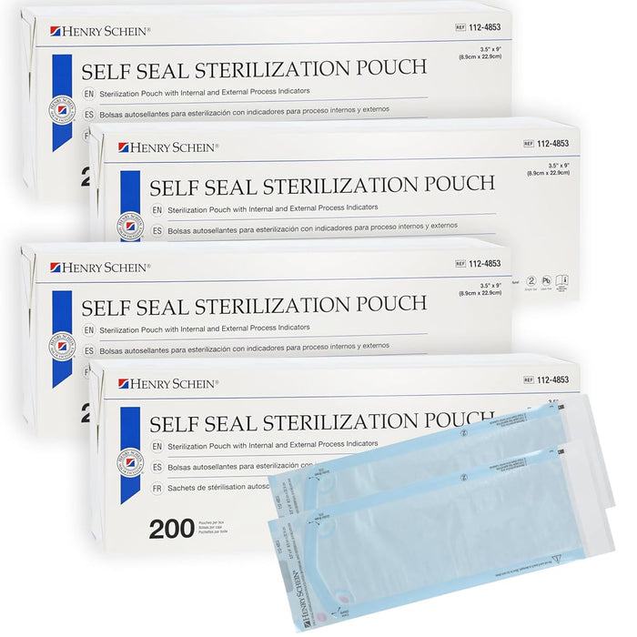 Henry Schein Self-Sealing Sterilization Pouches, Latex-Free, Built in Color Change Guide 3.5 in x 9 in 200/Bx