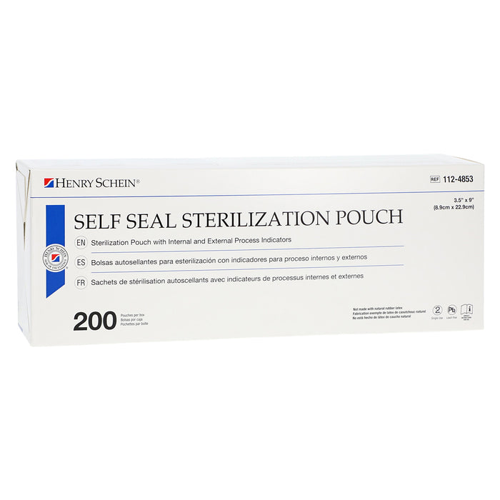 Henry Schein Self-Sealing Sterilization Pouches, Latex-Free, Built in Color Change Guide 3.5 in x 9 in 200/Bx