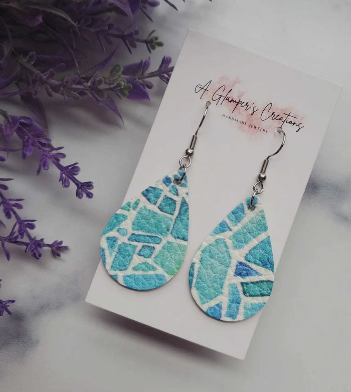 Jewelry - Blue Stained Glass Printed Teardrop Leather Earrings