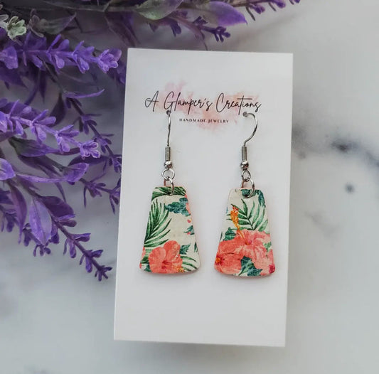 Jewelry - Hawaiian Tropical Floral Dangle Leather Earrings