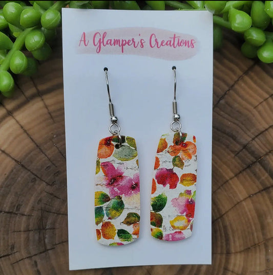 Jewelry - Pink & Orange Floral Mini Bar Leather Earrings