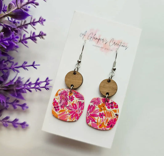 Jewelry - Pink & Orange Summer Floral Dangle Wood & Leather Earrings